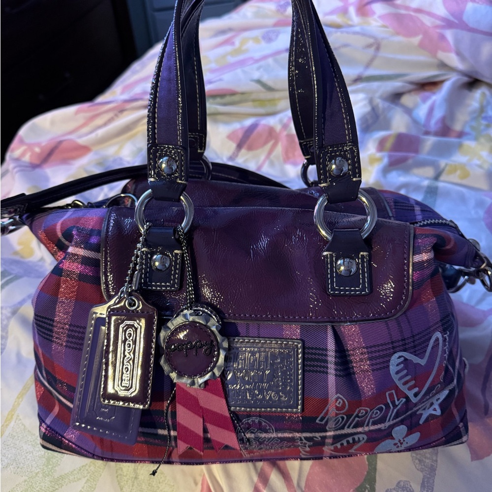 Coach Purple and Pink Plaid Satchel